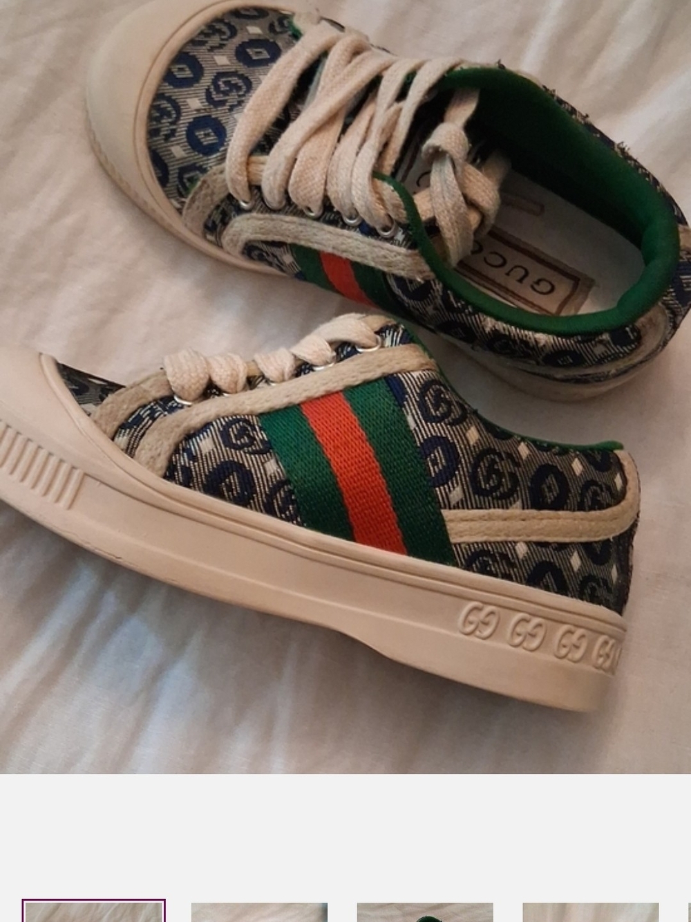 Gucci Kids Blue Monogram Sneakers with Green & Red Stripe Unisex